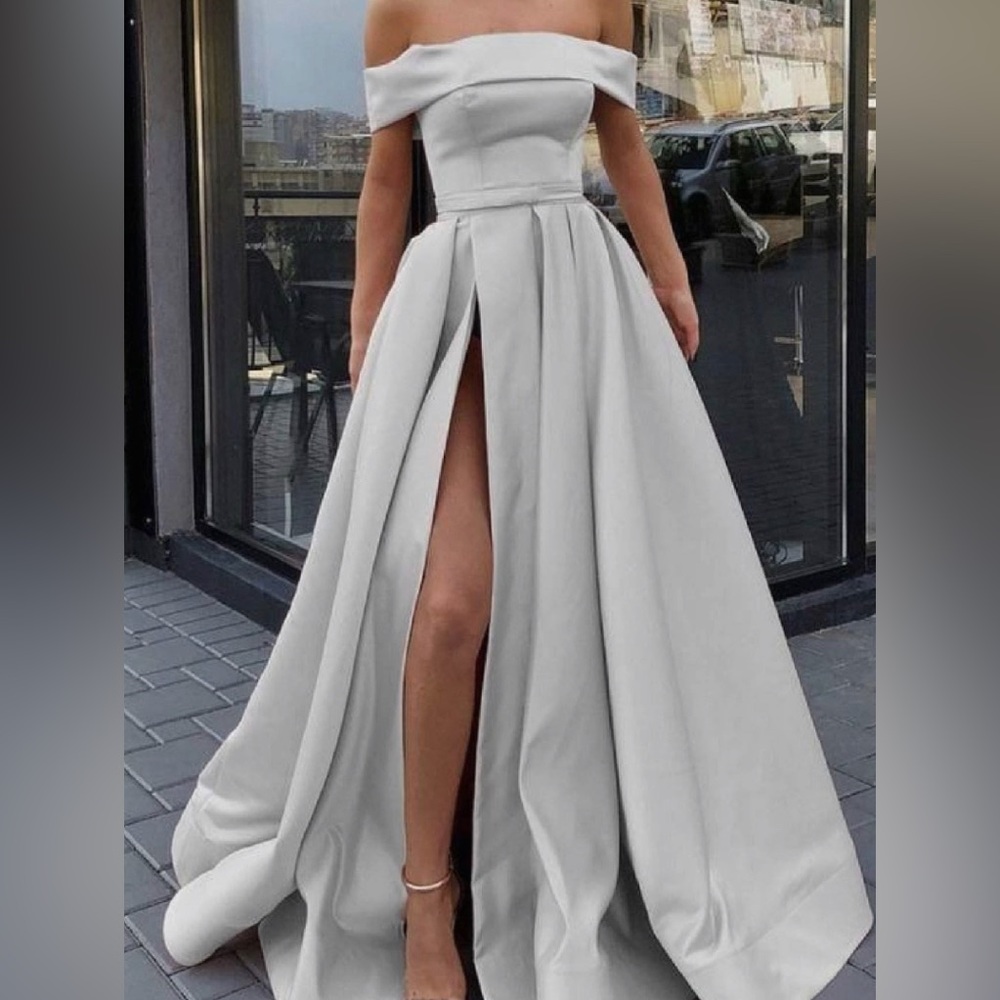 black satin off the shoulder prom dress